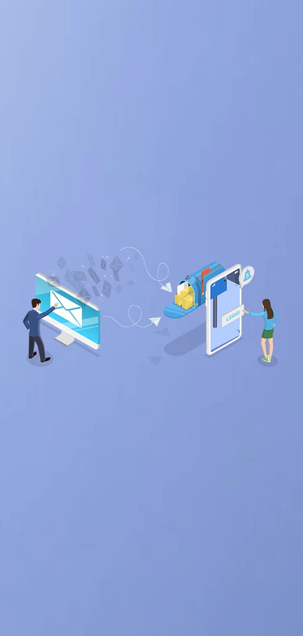 Illustrazione di un uomo che spedisce una lettera da un pc e donna che la legge da un cellulare