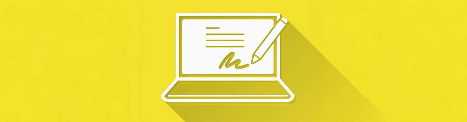 Immagine astratta di un PC con una penna che firma su sfondo giallo