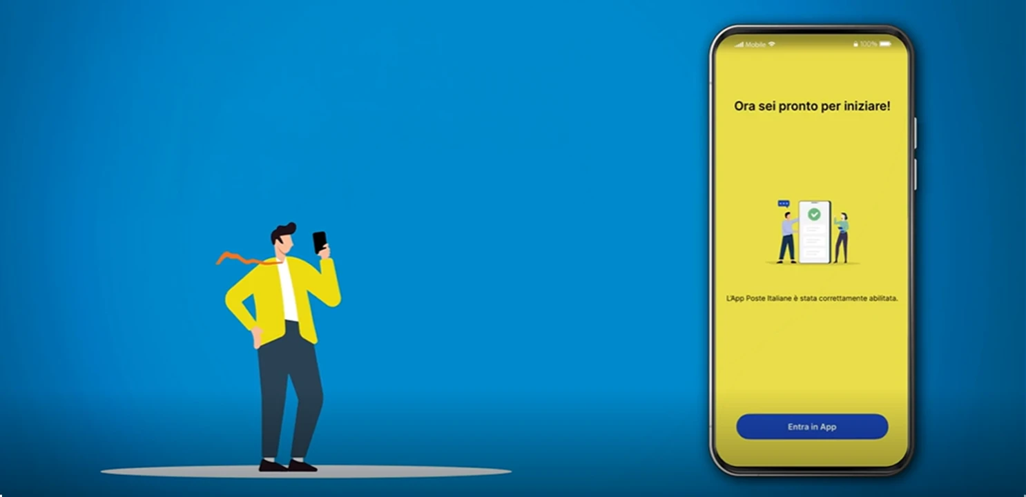 Immagine grafica di un uomo vicino a uno smartphone su sfondo blu