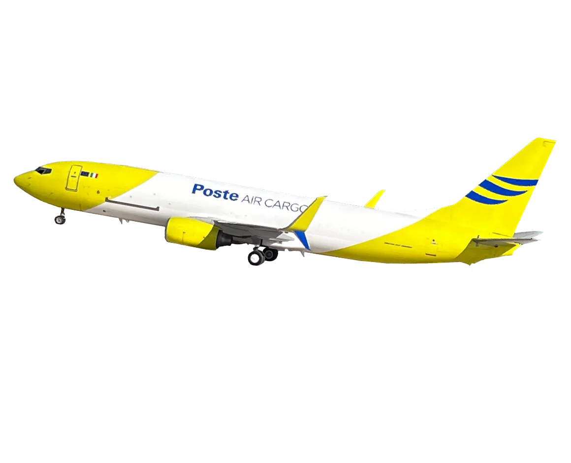 Aeromobile giallo e bianco con logo Poste Air Cargo blu sulla fusoliera