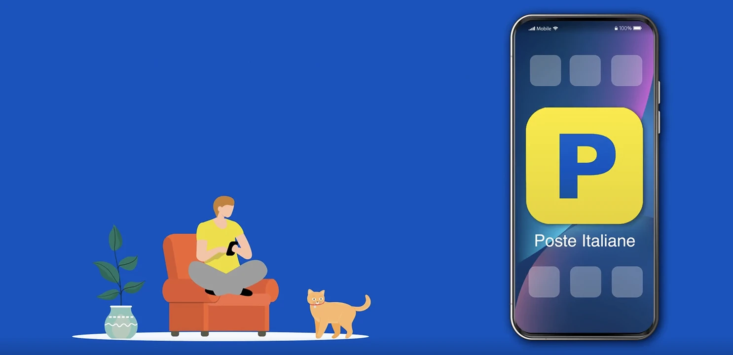 Grafica di un uomo seduto su una poltrona con un cellular ein mano su sfondo blu