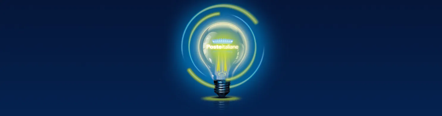 Immagine su sfondo blu con lampadina e gas accesi e con scritta "Poste Italiane" illuminata al centro
