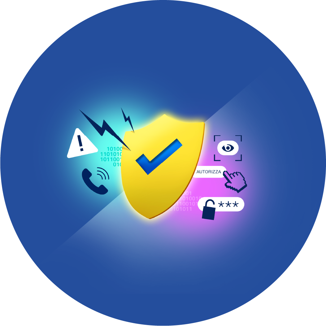 Scudo giallo su sfondo blu con icone