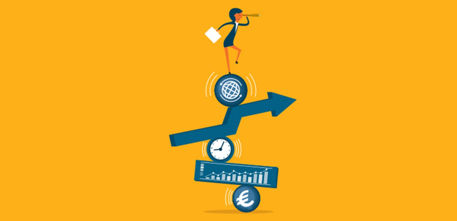 Persona in equilibrio su icone di grafici finanziari, euro e orologio