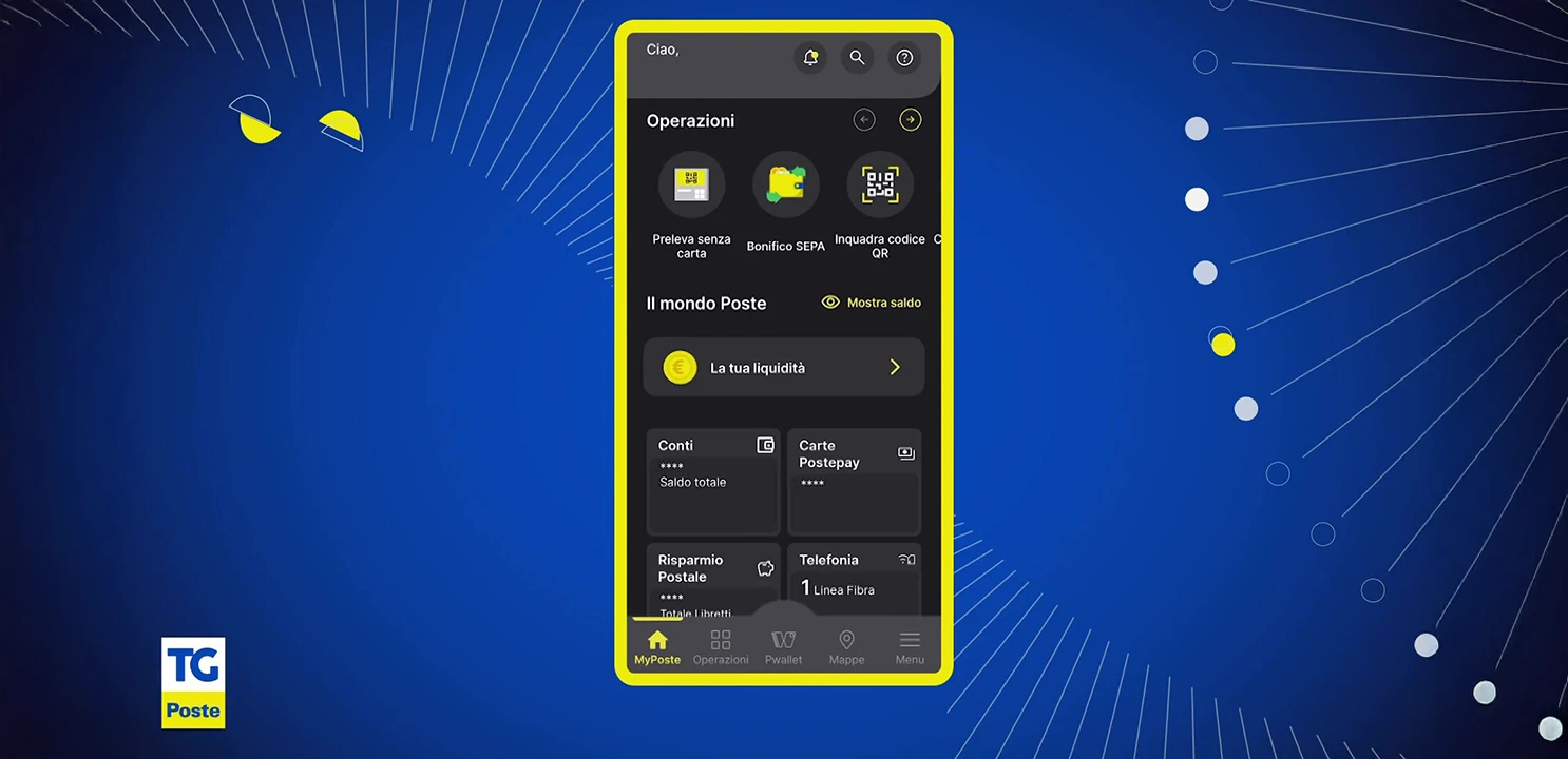 Schermata home App Poste Italiane su sfondo blu