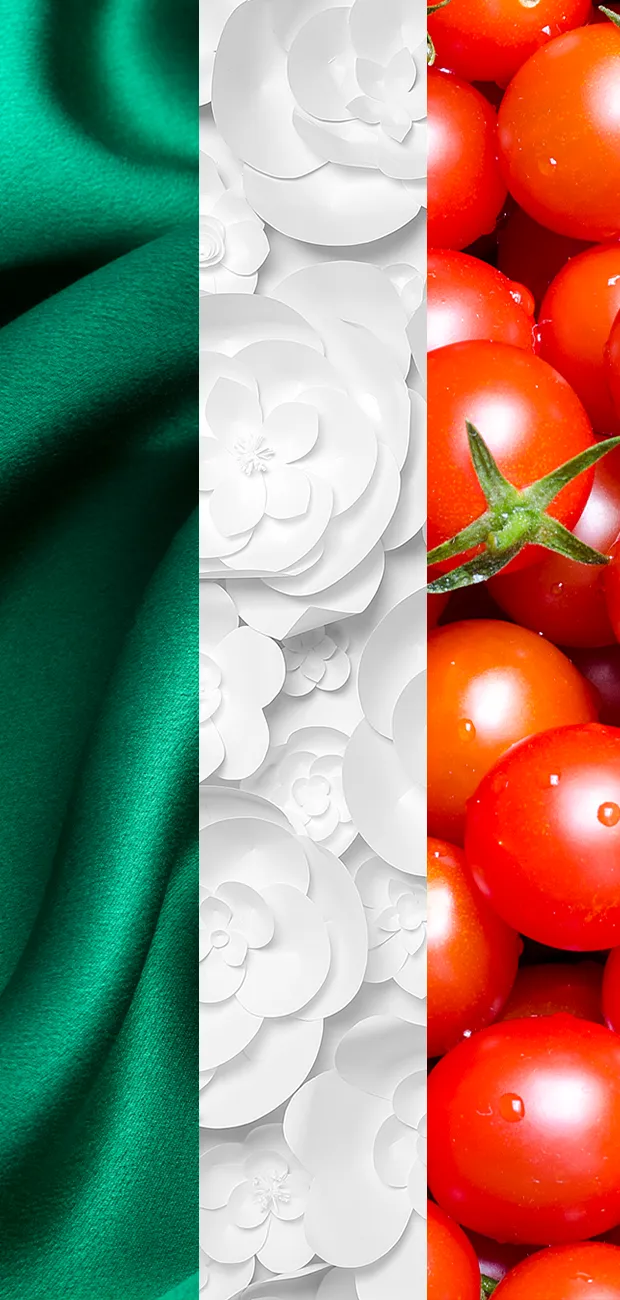 Bandiera italiana composta da tessuto verde, fiori bianchi e pomodoro rosso