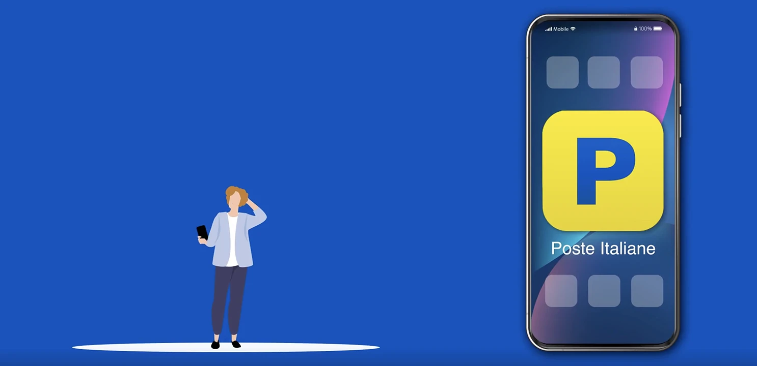 Grafica di un uomo con un cellulare in mano su sfondo blu