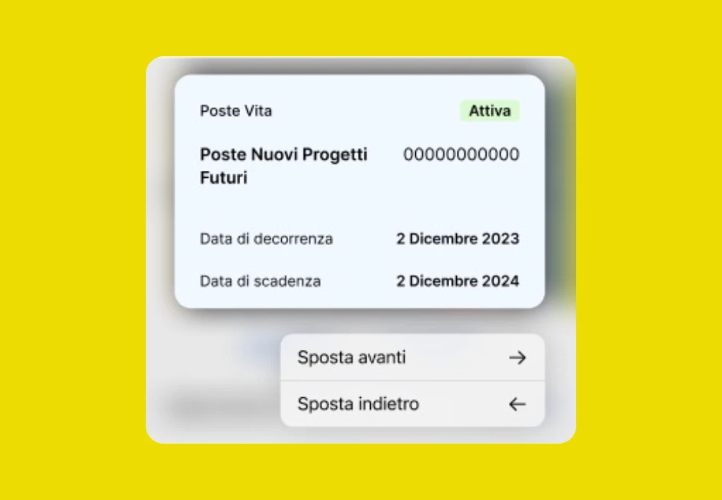Sezione dell'App Poste Italiane su sfondo giallo