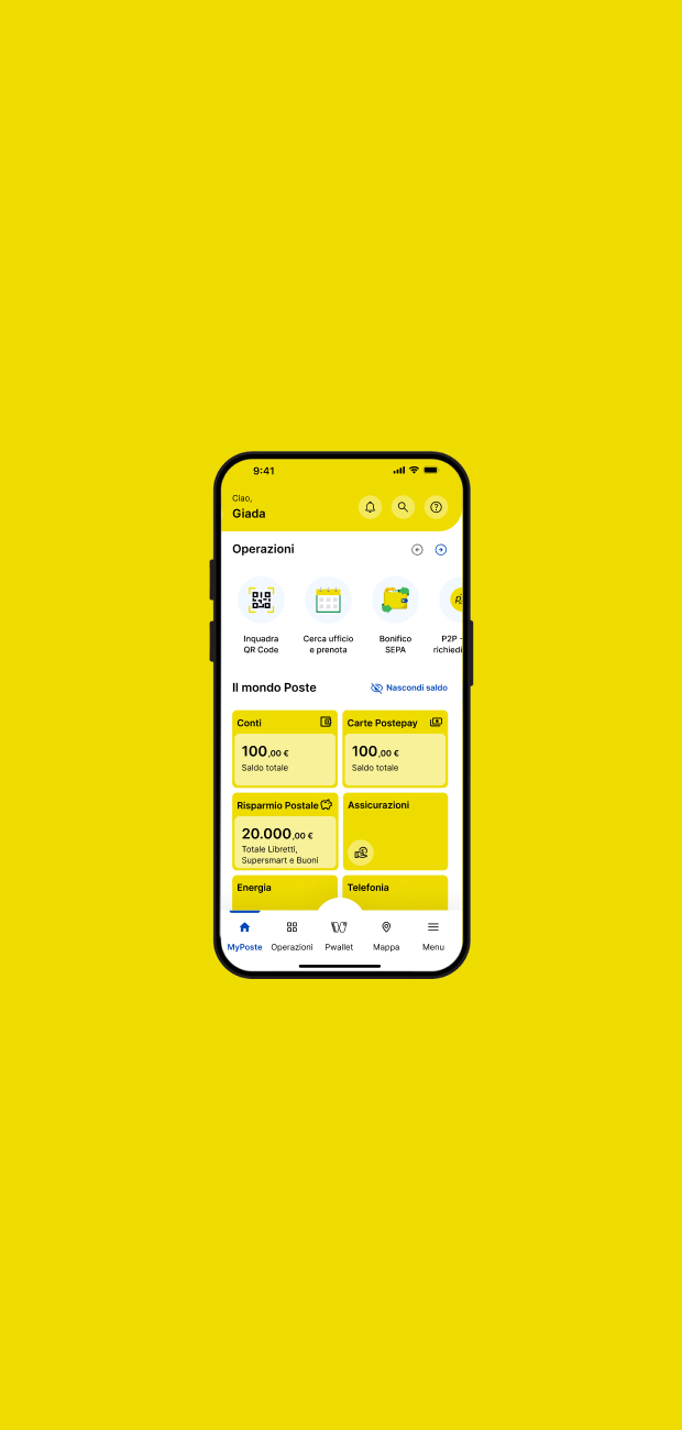Schermo home page App Poste Italiane su sfondo giallo